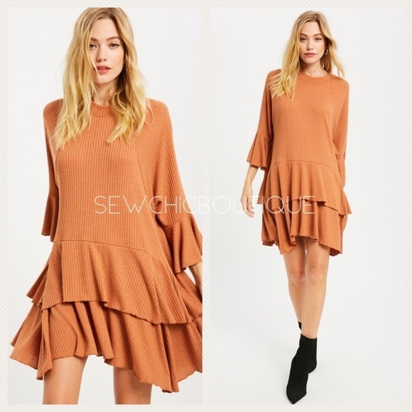 Rib Knit Ruffle Mini Dress in Chai - Picture 1 of 8